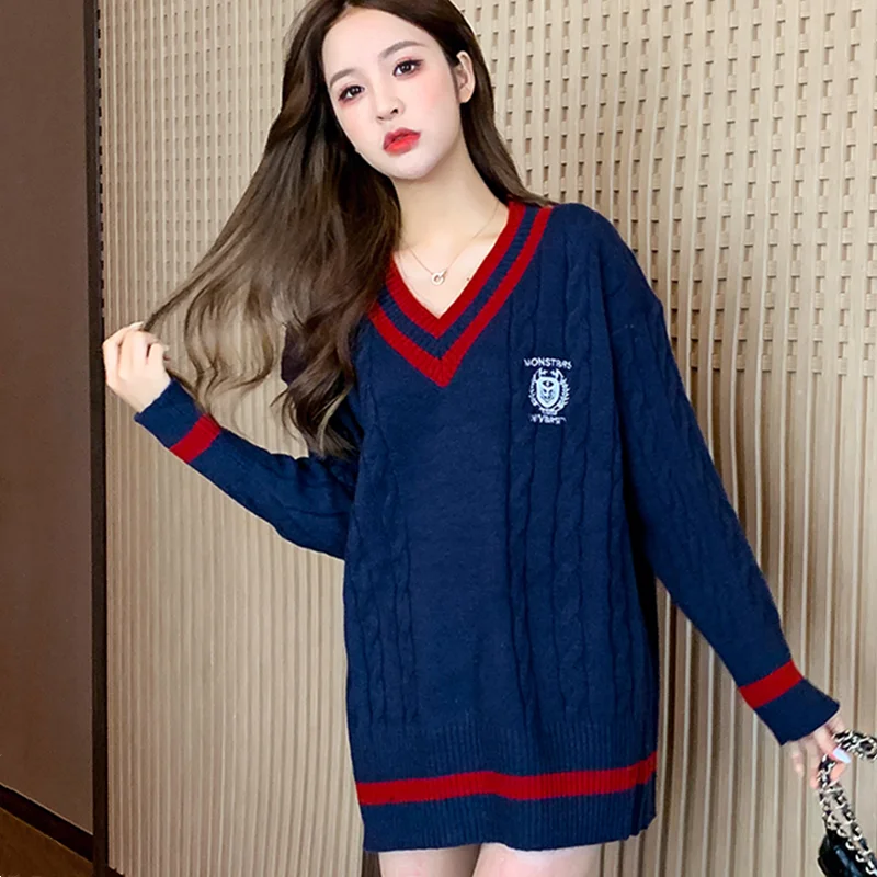 2020 autumn new fashion college style V-neck pullover sweater women loose long sleeve sweater