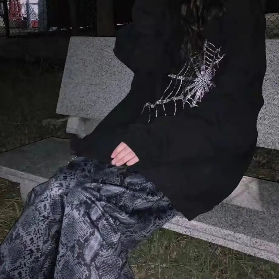 QWEEK Black Gothic Zip Up Hoodies Women Autumn Emo Grunge Tracksuit Dark Academia Spider Web Coat Punk Sweatshirts Alt Clothes