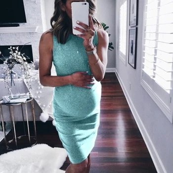 

Women Dress Sexy Casual Pencil Summer Crew Neck Maternity Pregnant Adults Plus Size Ladies Fashion Knee Length Sleeveless Solid