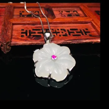 

Natural Hetian White Jade 925 Silver Carved Flowers Pendants Fine Jewelry Women Party Necklace