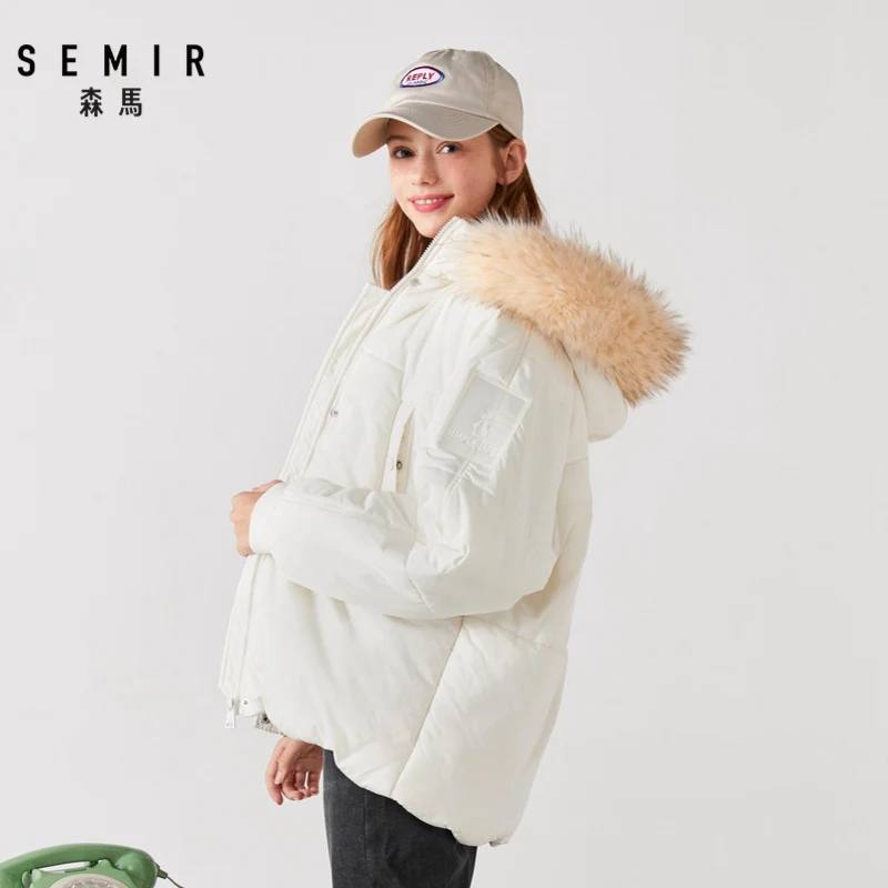 SEMIR зимняя женская куртка свободный хлопковый костюм длинный с капюшоном меховой воротник хлеб ins средней длины пальто