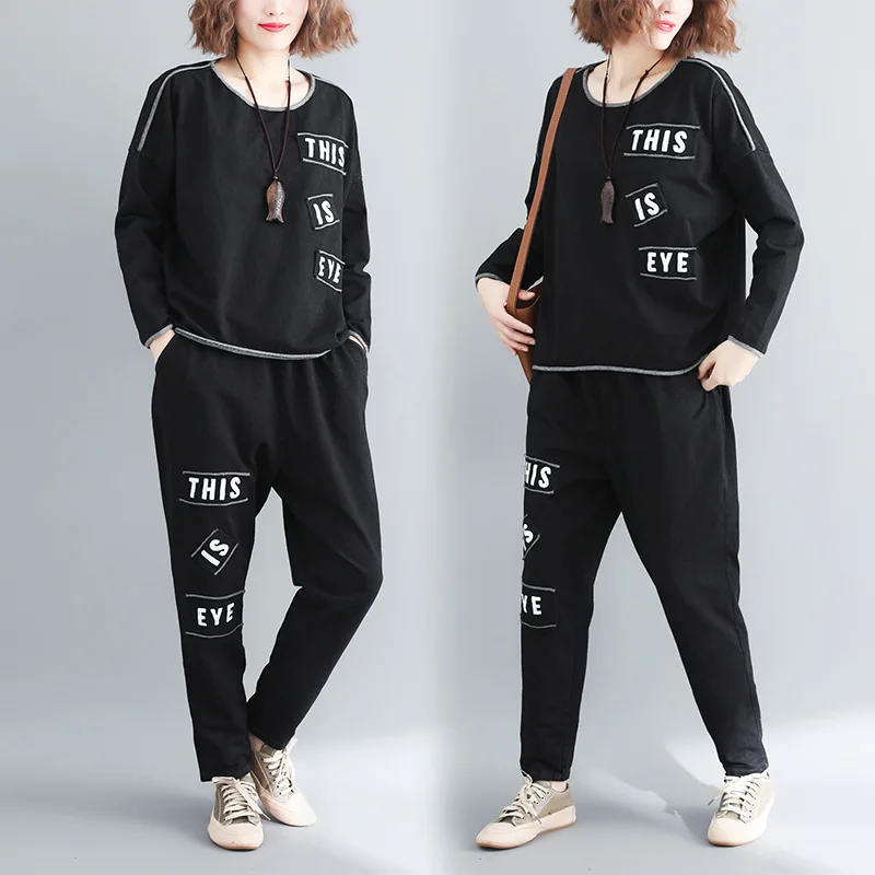 

Knitted Cowboy Loose And Plus-sized Cover Meat Slimming Lettered Applique Set Literature And Art Casual Two-Piece Women's