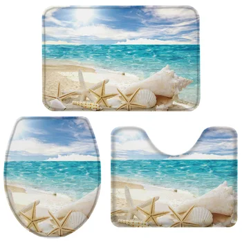 

3 Pieces Bathroom Set Sunshine Beach Shell Starfish Bath Set Toilet Cover Mat Pedestal Rug Non-Slip Bathroom Rug Set