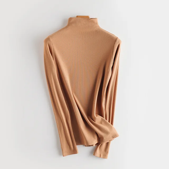 SuyaDream Women Bottoming T Shirt Real Silk Blend Long Sleeves Solid Basic Shirt 2021 Autumn Winter Turtleneck Top Khaki Mock N