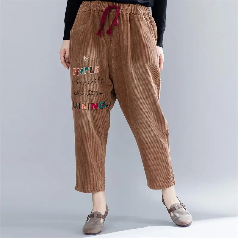

Johnature 2019 Autumn Winter New Corduroy Casual Loose Embroidery Pants Elastic Waist Tie Ankle-length Haren Women Pants