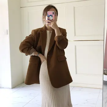 

Warm All Match Retro Chic Office Lady Hot Vintage Blazer Loose Solid Brief Feminine Woolen Women Plus Size Button Notched Full