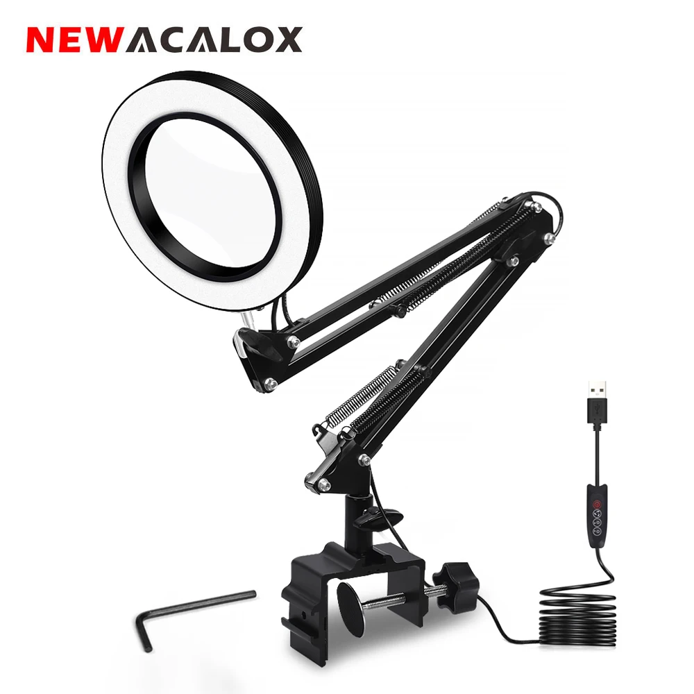 Meilleur NEWACALOX USB 5X Loupe éclairée 3 couleurs lampe de bureau Loupe à souder troisième main outil Flexible Loupe de lecture