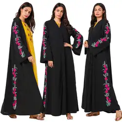 Вышивка открытый кардиган «абайя» Женское Платье макси с Длинным Рукавом Кимоно цзилбаб мусульманский кафтан пуговицы арабское платье из