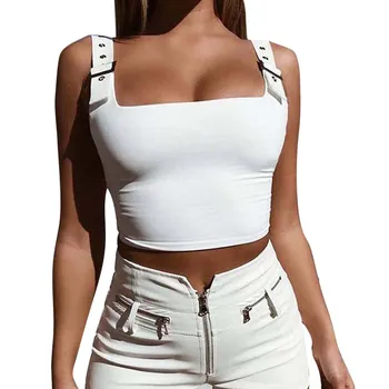 

Women Sexy Vest Fashion Solid Metal Button Camisole Tank Tops Sleeveless T-Shir mesh top short sleeve top mujer manga larga