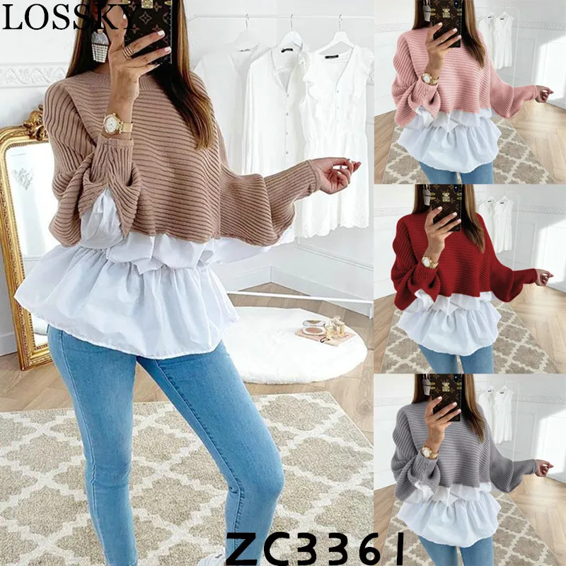  Autumn Winter Elegant Tunic Shirt Patchwork Casual O Neck Long Sleeve Ruffles Coffee Korean Blouse 