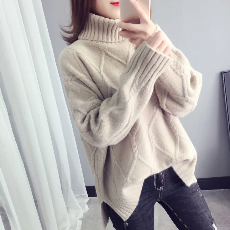 

Ladies Turtleneck Sweater Loose Pullover Thicken Knit Sweater Pure Color Simple Wild Type Diamond Plaid Winter Long Sweater
