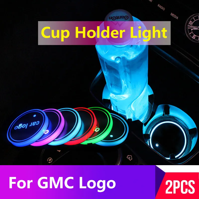 

2PCS Led Car Cup Holder Coaster For GMC logo Light For sierra yukon terrain sierra 1500 savana envoy safari Accessorie 7 colors