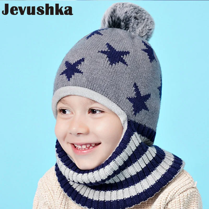 Winter Kids Balaclava Hat PomPom Knit Beanie Hats for Baby Boy Hat Scarf Snood with Double Layer Caps for Boys