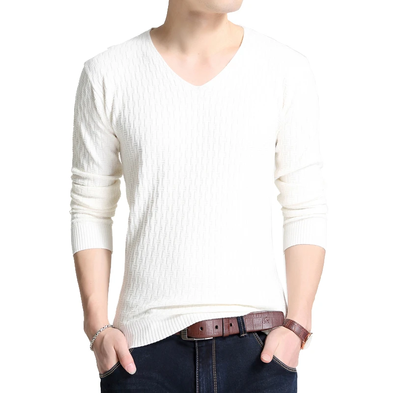 BROWON, простой осенний свитер с длинным рукавом для молодых мужчин, v-образный вырез, чистый свитер с длинным рукавом, тонкая трикотажная Нижняя блузка - Цвет: White Sweater
