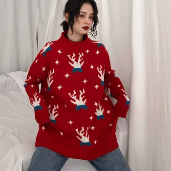 

Christmas Sweater Women Winter Xmas Knitted Pullover Sweater Female Snow Patterns Dot Print Long Sleeve Jumper Sweater