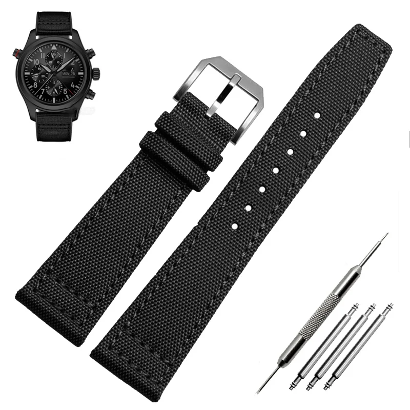 Green and Black Nylon Leather Watch Band Strap with Silver Pin Buckle - High Quality