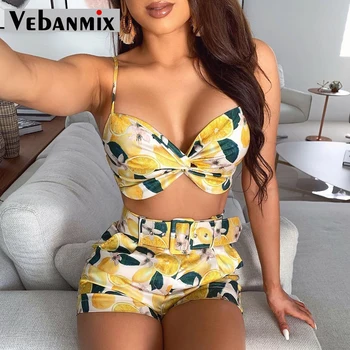 

Women Summer Two Piece Set Fruits Sleeveless Crop Top Shorts Outfits Casual Female Set Beach Club Clothes Outfits Summer Set