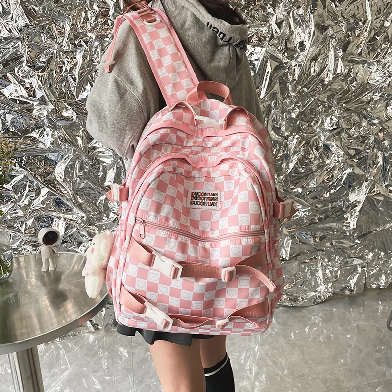 Cute Plaid Women Canvas Backpack Teenage Girls School Books Bag Large Capacity Young Ladies Laptop Bags Female Travel Backpacks