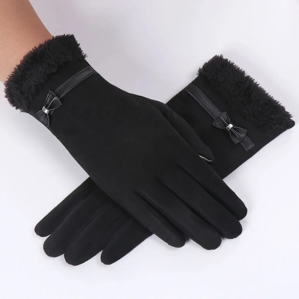 Black elegant Bow leather Pearl gloves full Finger Outdoor Women Thicken Winter mittens Warm Bowknot Thermal Fleece Gloves