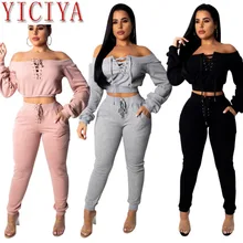 2020 summer off shoulder co-ord set Women Tracksuit Long Sleeve knitted Suit Pant 2 Piece Pink Club Outfits Sexy Matching Sets