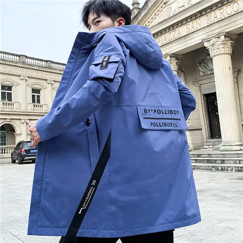 Denim Blue Длинная Куртка мужская с принтом мода Весна Harajuku ветровка пальто Мужская Повседневная Верхняя одежда Молодежный хип хоп кардиган-пончо - Цвет: Denim Blue