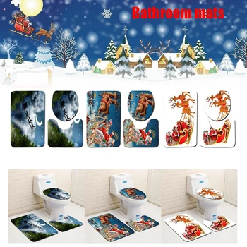 

Floor Mat Polyester Fiber Decoration Xmas Bathroom Carpet Non-Slip 3PCS Christmas Bath Mat Toilet Seat Cover