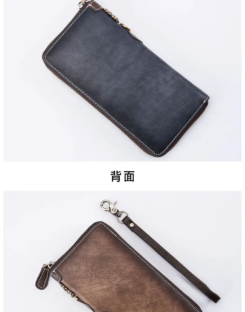 Male Zipper Long Wallet Money Wrist Bag Credit Cards Holder Cell Phone Case Pocket Clutch Handy Bags Genuine Leather Men Purse