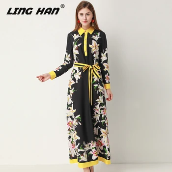 

LINGHAN Fashion lily Print Loose Maxi Dress Women's Elegant Long sleeve Lace Up Party Dresses Designer Autumn New