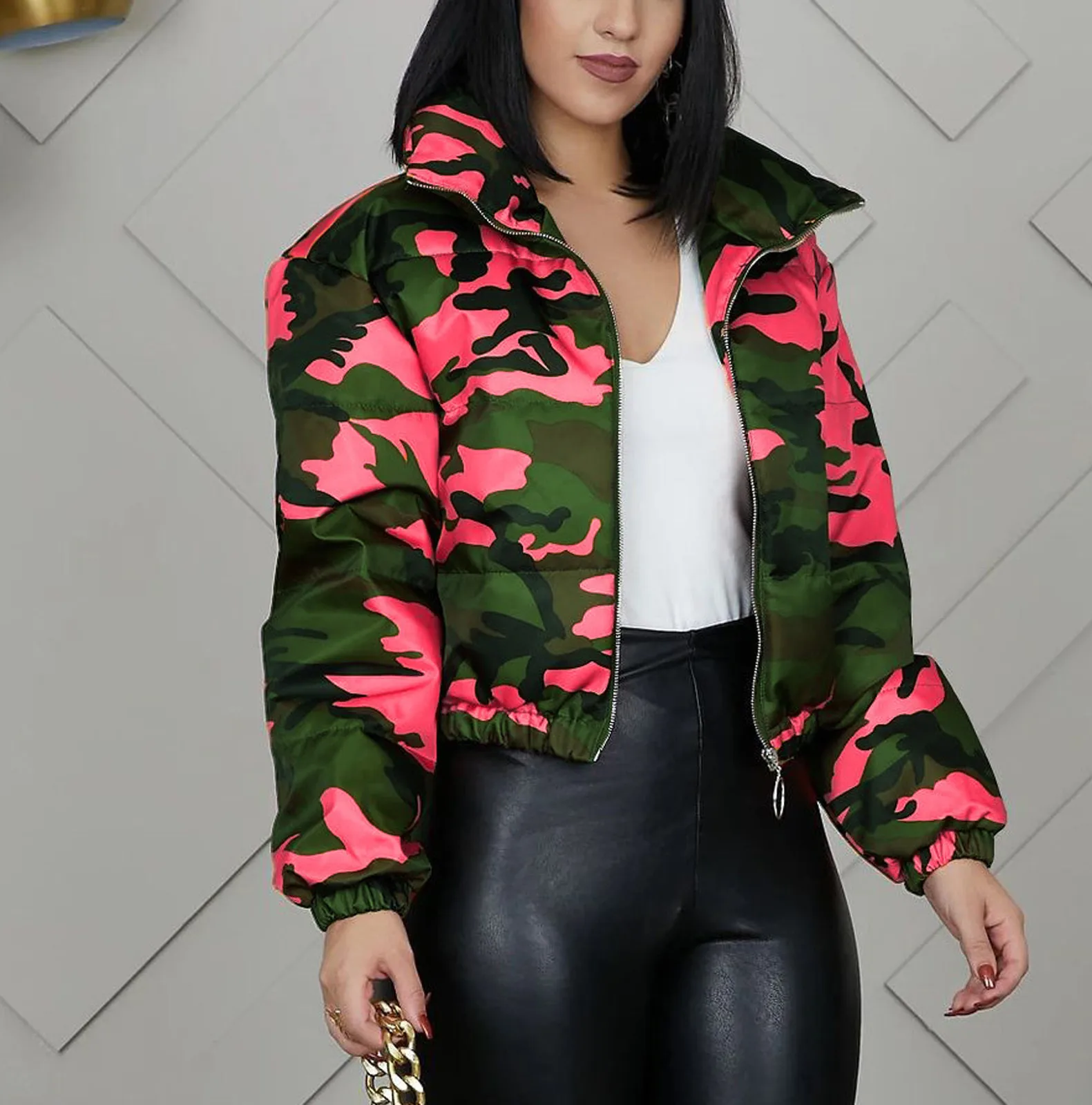 

Unisex Winter Coats Long Sleeve Glossy Camouflage Bread Down Jacket Zipper Pockets Coat Vintage Elegant Streetwear Manteau Femme
