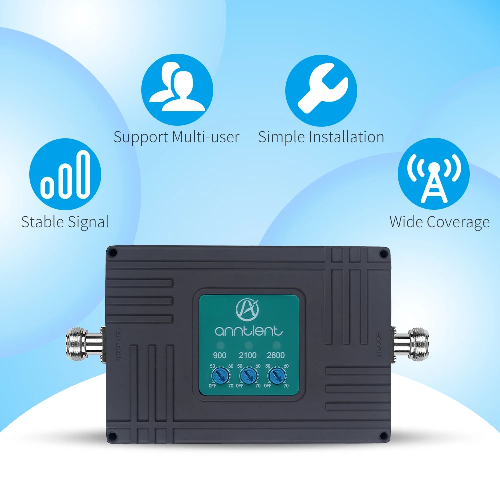 70dB Gain 2G 3G 4G Tri Band Repeater ALC Smart mini GSM 900+WCDMA 2100+LTE 2600 MHz Cellular Amplifier Cell Phone Signal Booster
