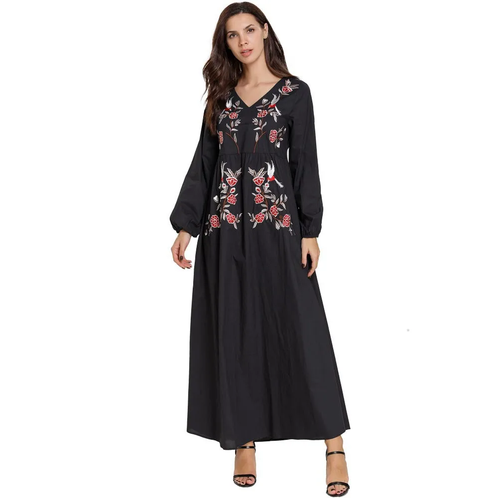 

3XL 4XL Flowers Embroidery Black Muslim Dress For Women Abaya Hijab Kimono V Neck Vintage Dresses Oman Arabic Islamic Clothing