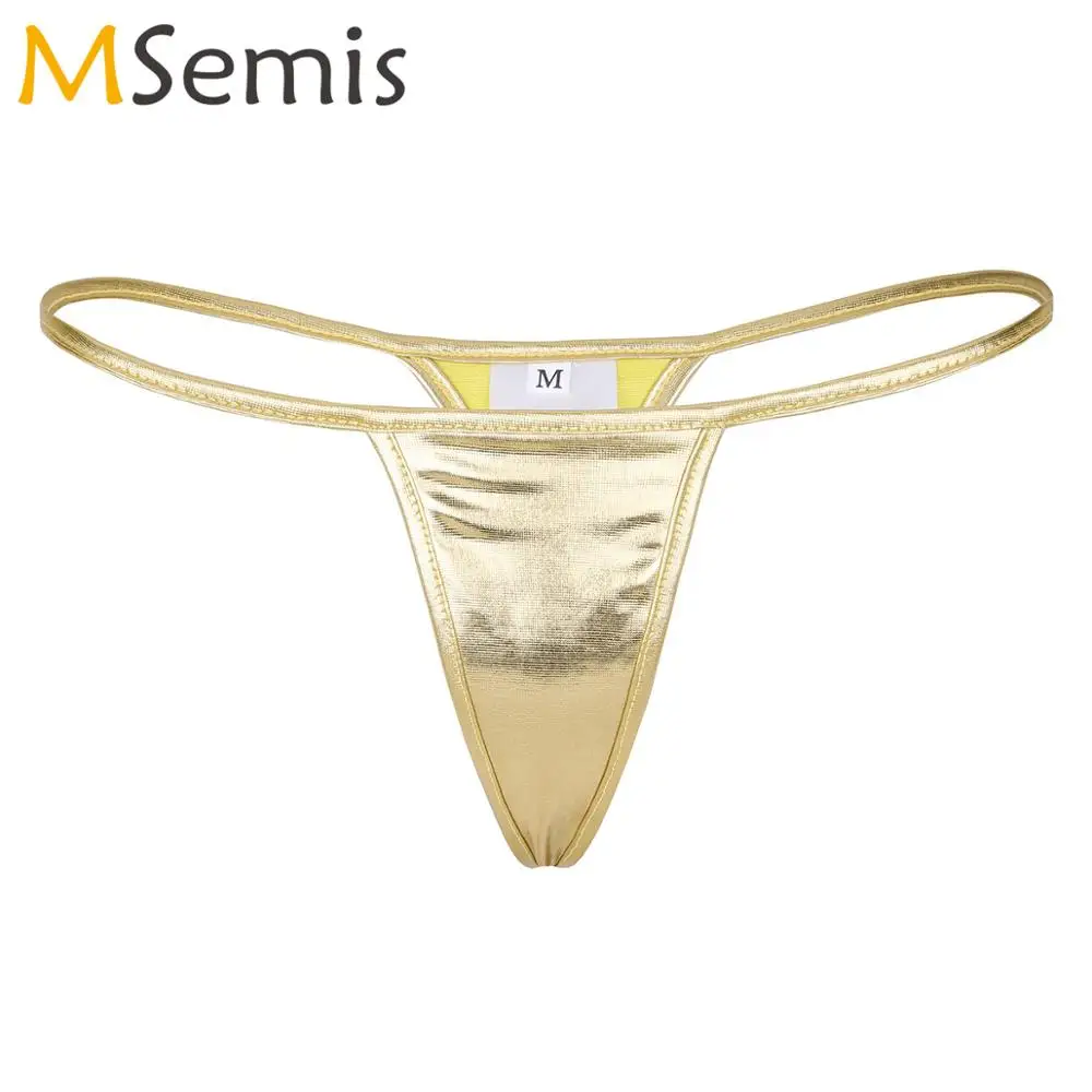 Kobiety bielizna Micro stringi Tangas stringi błyszczące metalowe skóra PVC Bikini figi bielizna Sissy gorąca, seksowna t-back Mini majtki