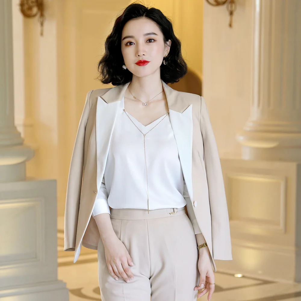 Womens Pant Suit Set  2019 Autumn New Fashion Full Sleeve Patchwork Jacket Long Trousers Work Career Ladies Office Suit ow0524