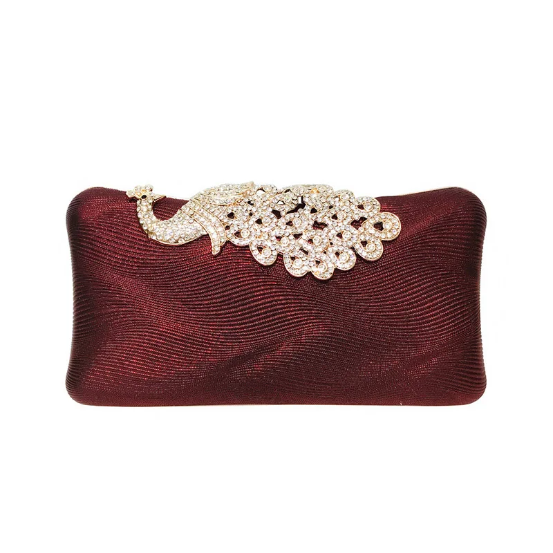 Серебряная Женская сумочка-клатч с бриллиантами, свадебная сумочка с павлиньим замком из искусственной кожи, сумочка золотистого и черного цвета, сумка на плечо для женщин, вечерние сумки ZD1381 - Цвет: Wine Red