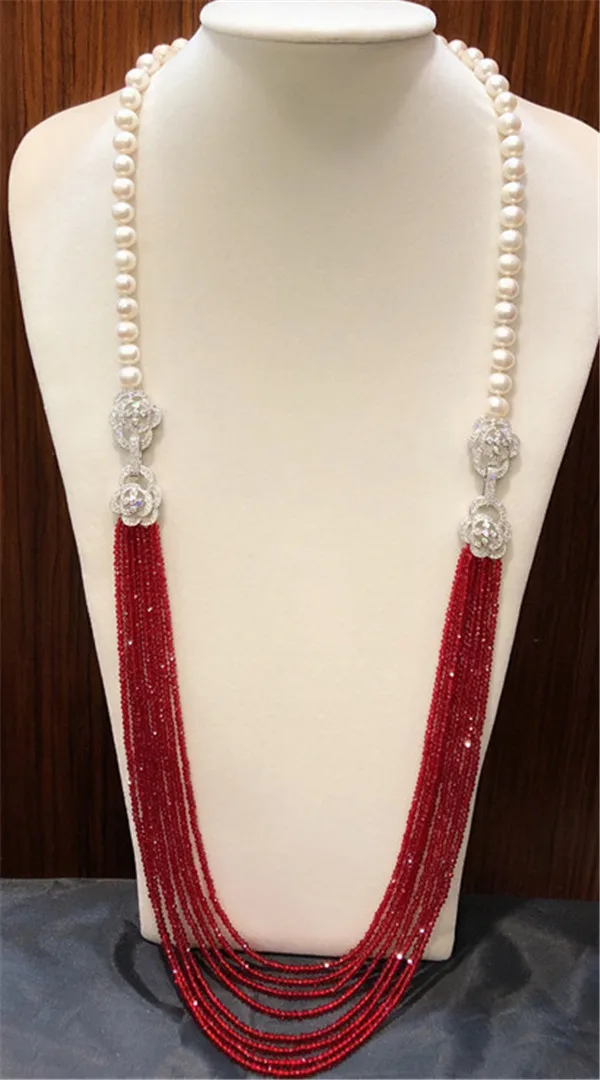 

HABITOO Natural 9-10MM White Freshwater Pearl 8 Strands Red Jade 36inches Fashion Fine Jewelry for Women Daily Party Wear