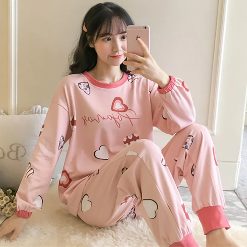 

Pajamas Women's Spring And Autumn Long Sleeve Pure Cotton Korean-style Students Cute Peach Heart Two-Piece Set Thin-Outer Wear T