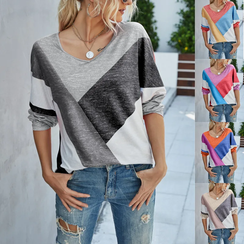 Women's Harajuku Casual T-Shirt V-Neck Long Sleeve Loose Retro Fashion Patchwork Printed Top Fall Comfortable Pullover 2021 | Женская