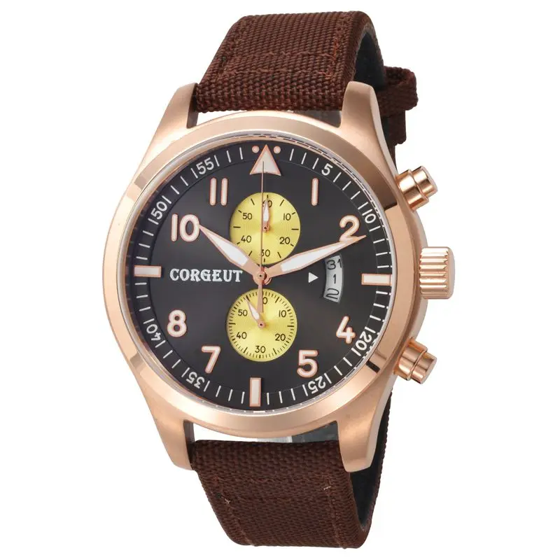 

Corgeut 46mm black plus yellow dial Gold Case Full Chronograph automatic date quartz wristwatch Men water resistant wristwatches
