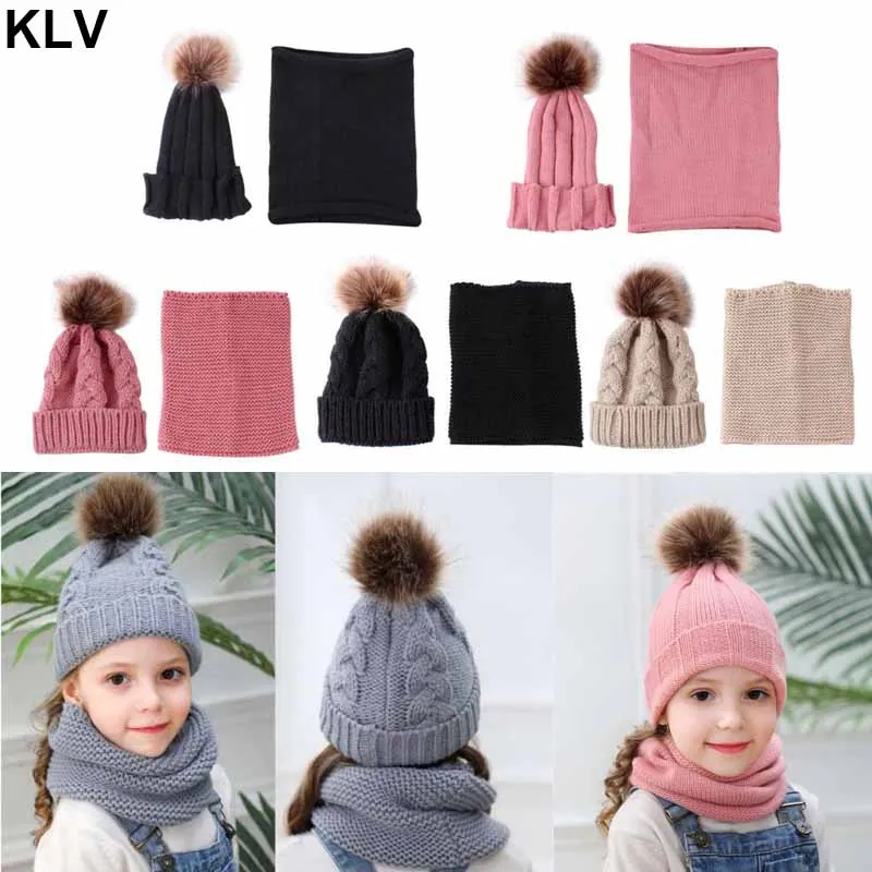 

2pcs/set Fashion Newborn Baby Hats Knitted Warm Pom Round Machine Cap Protects Ear Bonnet Baby Winter Caps + Scarf Suits 0-3 Y