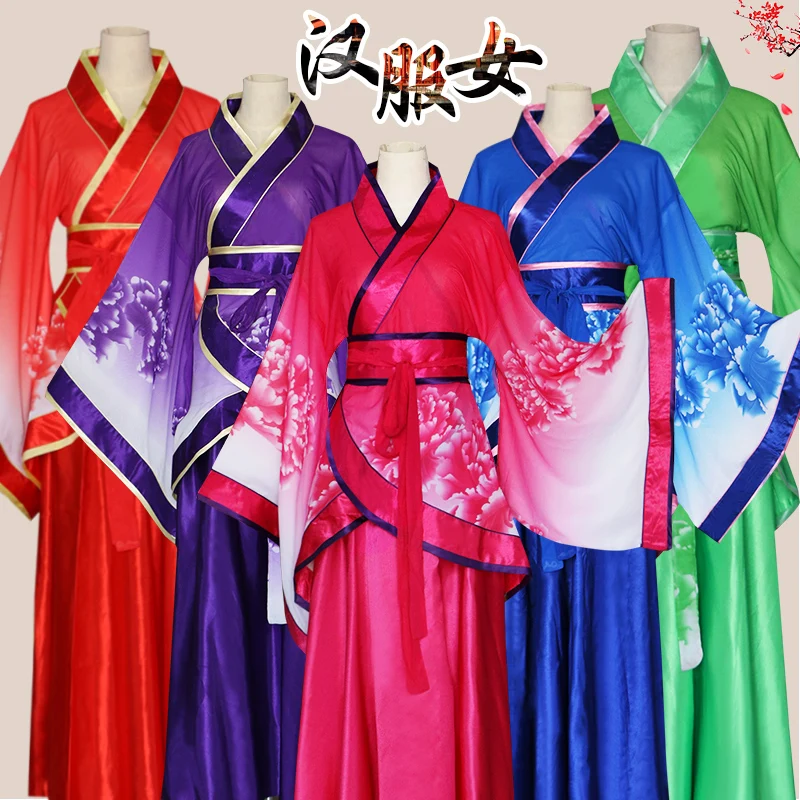 Hanfu Women Slim Chiffon Print Large Skirt Hem Curved Train Chinese Wind Improved Hanfu Dance Dress Performance Dress