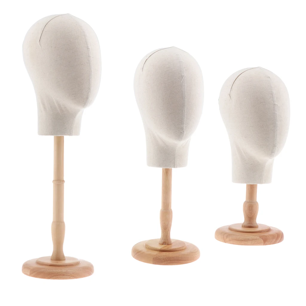 3pcs Hair Wigs Extension Making Hats Caps Display Fiberglass with Canvas Mannequin Head Model + Detachable Wood Stand