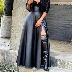 Plus Size Sexy PU Leather High Slit Pocket Design Long Skirt 2022 New Vintage Fashion High Waist Party A-Line Skirt Streetwear