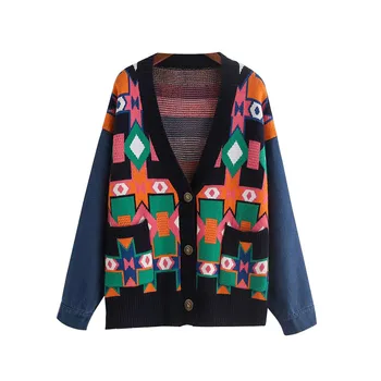 

Women's v-neck patchwork Sweater lady Autumn sweater casual Female new fashion single breasted chic short Tops TB3503