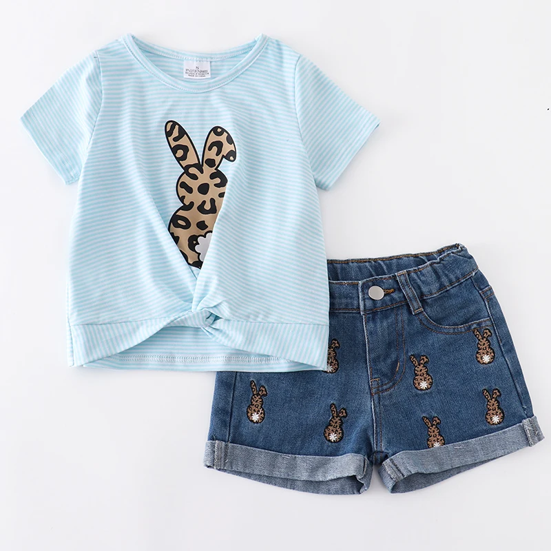 Girlymax Easter Spring Baby Girls Children Clothes Outfits Set Boutique Bunny Leopard Tie Dye Denim Jeans Shorts Cotton baby suit