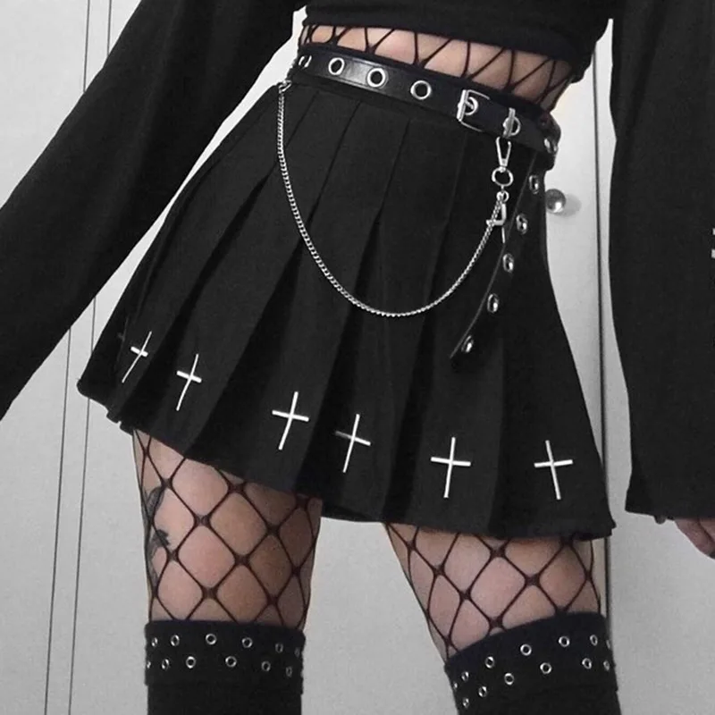 Big Sale Vintage Skirt Pleated Streetwear Punk Cross-Print Lolita Black High-Waist Gothic y9VKMjGmD8E