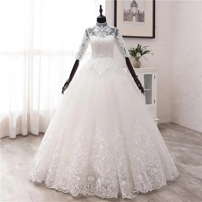 Элегантное роскошное кружевное платье с аппликацией и высоким воротом Vestidos De Novia Новое модное свадебное платье размера плюс винтажное свадебное платье - Цвет: Off White
