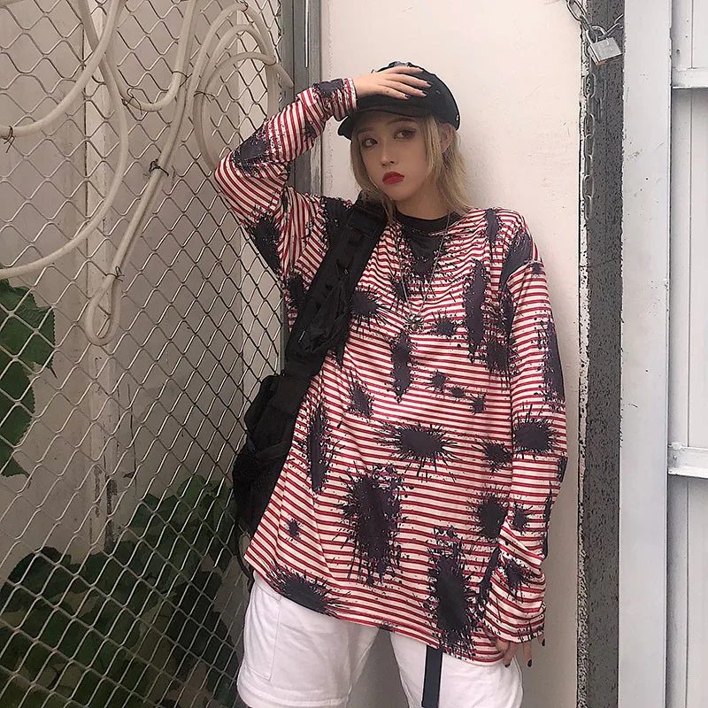 Lychee Harajuku, яркое женское платье в полоску, осенняя футболка, цветные женские футболки с круглым вырезом, свободная женская футболка, футболки