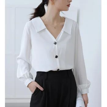 

COIGARSAM Full Sleeve Shirt Womens tops Chiffon V-Neck Women shirts White Black 6052
