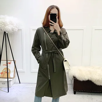 

Green Trench Coat Drawstring Essential Outdoor Women Windbreaker Korean Style for Lovely Temperament