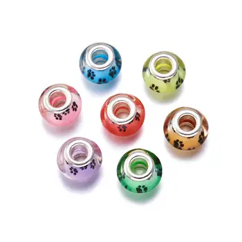 

Large Hole Dog Paw Prints Pattern Acrylic European Beads with Tone Brass Double Cores Rondelle Mixed Color 14x9~10mm,